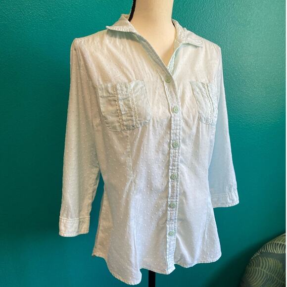 Woolrich Light Blue Dotted 100% Cotton Button Up Blouse Women's Medium - Picture 3 of 8